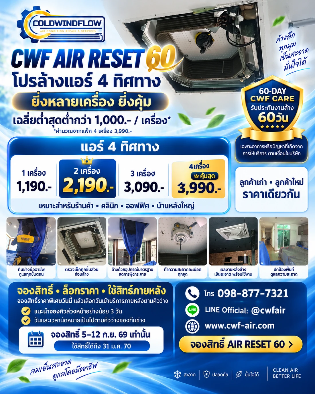 โปรโมชั่นล้างแอร์ 4 ทิศทาง CWF AIR RESET 60 ราคา 1 เครื่อง 1,190 บาท ถึง 4 เครื่อง 3,990 บาท